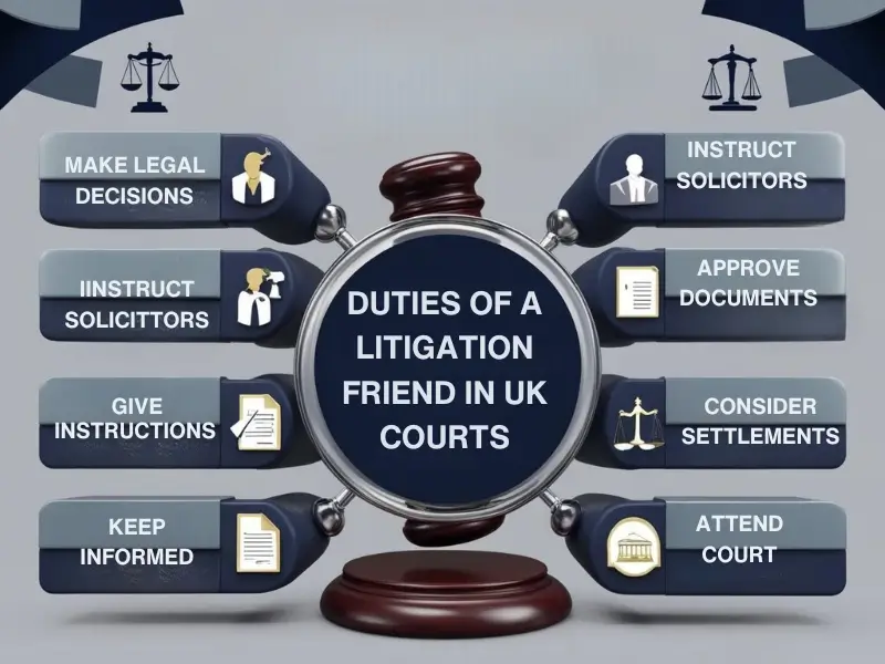 Infographic outlining the key duties of a litigation friend in UK courts, including legal decision-making, instructing solicitors, and attending court.