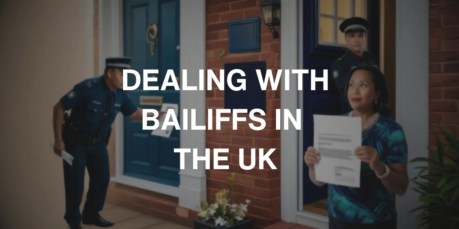 Illustration of a UK resident checking a bailiff’s ID through a window while holding a 'Notice of Enforcement' letter.