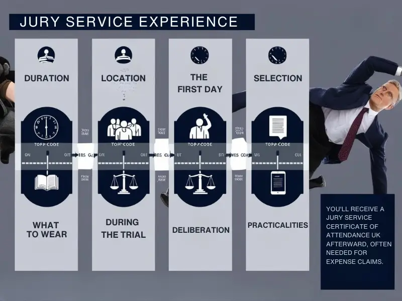 The jury service experience in the UK, including courtroom, trial process, and juror responsibilities.