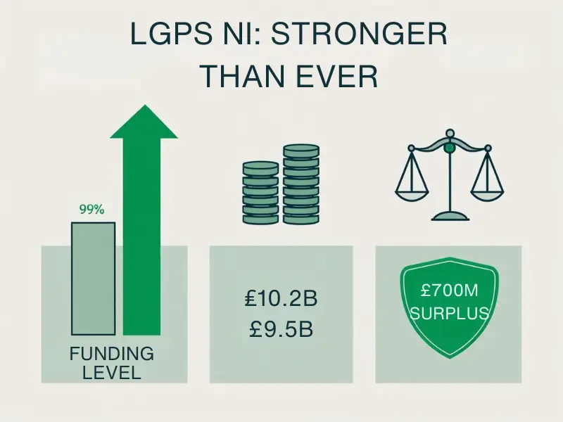 LGPS NI funding level increase from 99% to 107%, with £700M surplus and asset/liability comparison.