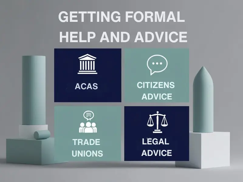 UK resources for workplace bullying support: ACAS, Citizens Advice, Trade Unions, Legal Help