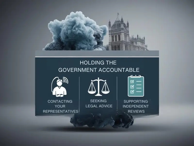 Illustrating how citizens can hold the government accountable during emergencies through contacting MPs, seeking legal advice, and supporting independent reviews.