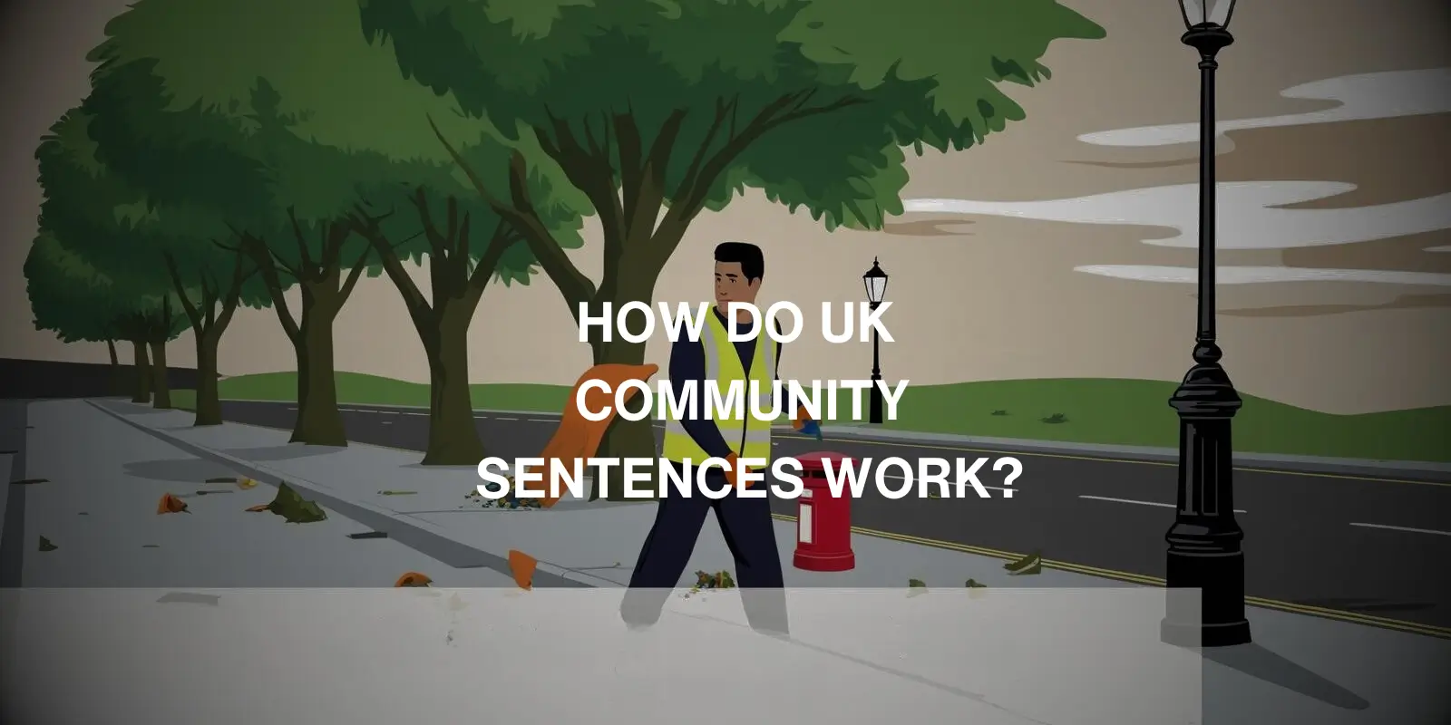 Person doing community service in the UK with a hi-vis vest and litter picker on a quiet British street.