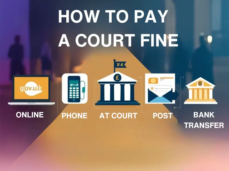 Infographic showing different ways to pay a court fine in the UK, including online, phone, post, and in-person options.