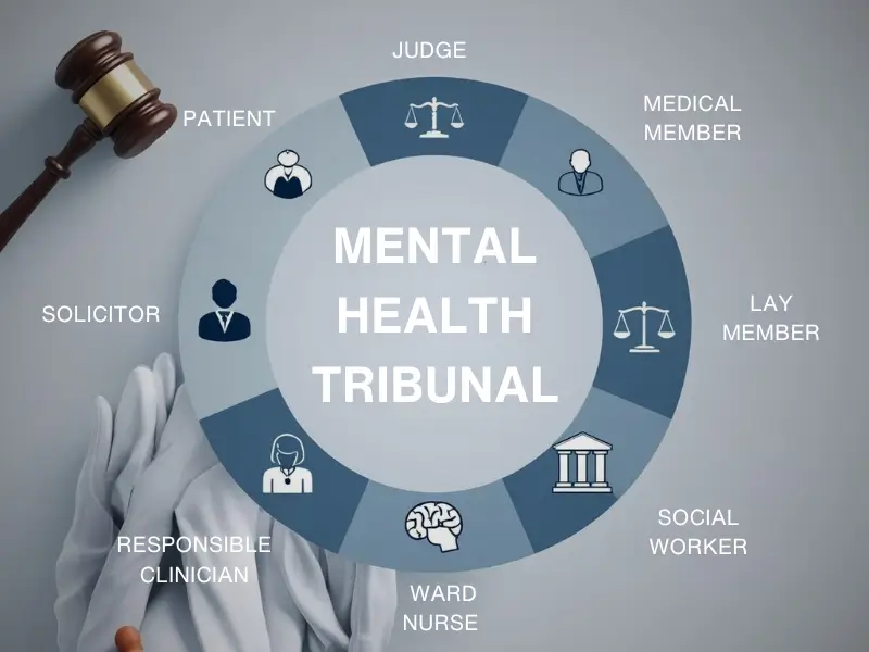 Who attends a UK mental health tribunal, including judge, medical member, lay member, patient, and support roles.