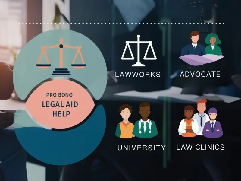 Infographic showing pro bono legal support options including LawWorks, Advocate, and university law clinics