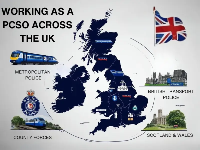 Map showing PCSO roles across UK including Metropolitan, Transport, County, Scotland, and Wales.
