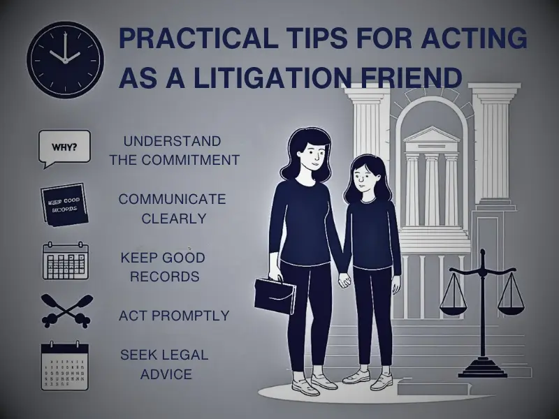 Practical tips for litigation friends in UK courts, including communication, record-keeping, and acting in best interests.