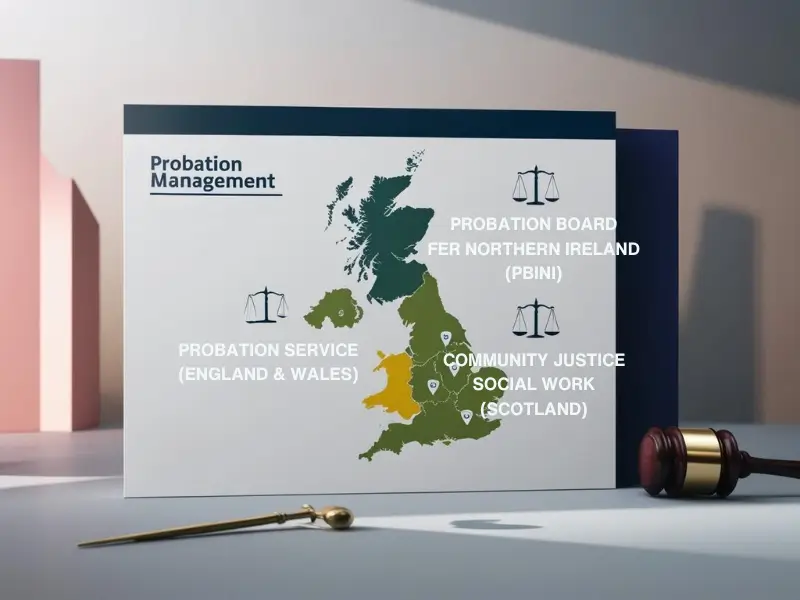 Probation management across the UK, highlighting England & Wales, Scotland, and Northern Ireland.