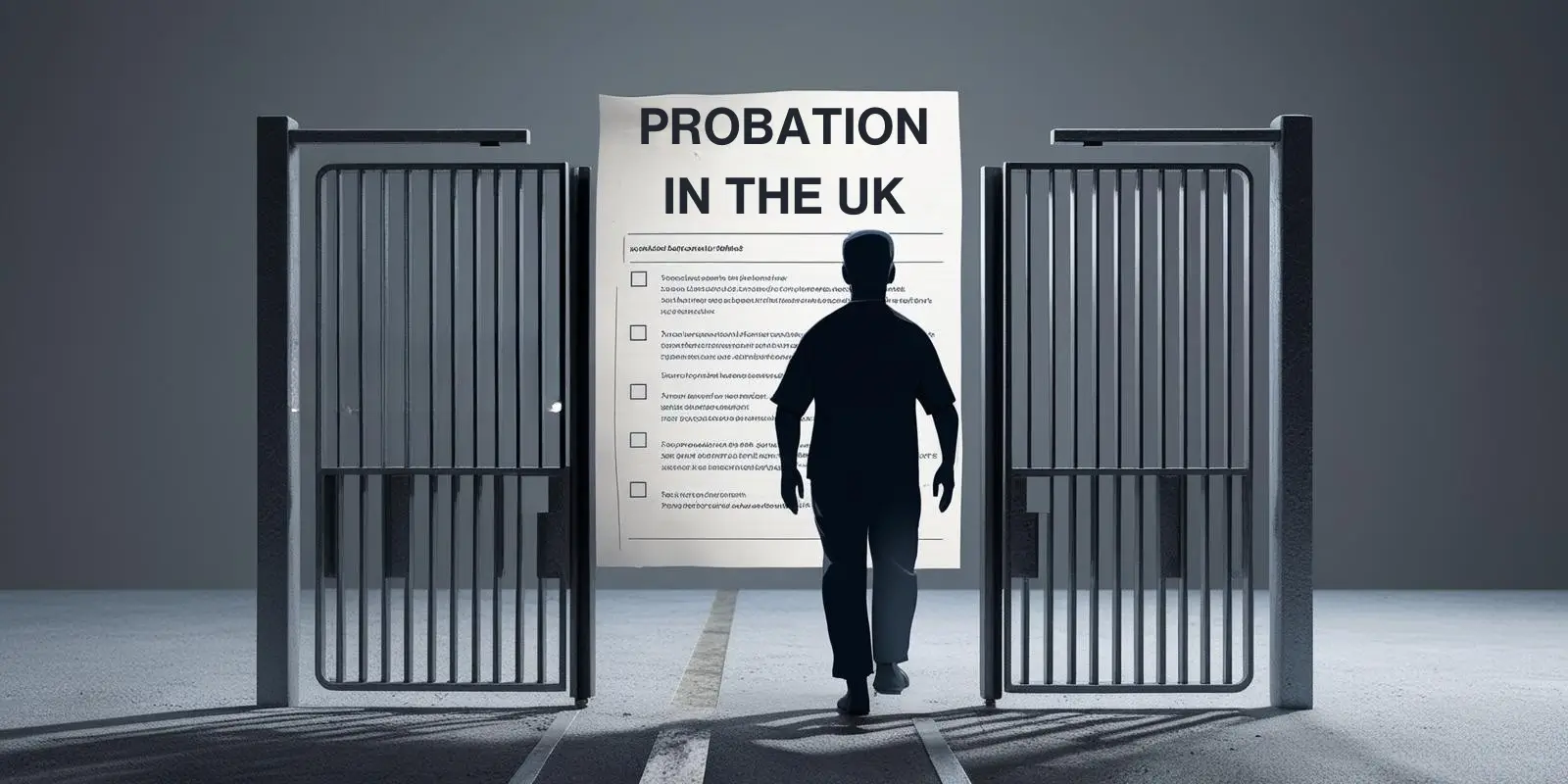 Illustration of probation in the UK, showing a person walking out of a prison gate with legal documents overlay.