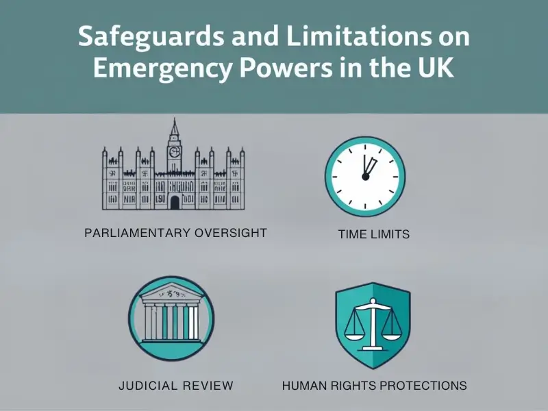 Illustrating safeguards and limitations on emergency powers in the UK, including parliamentary oversight, time limits, judicial review, and human rights protections.