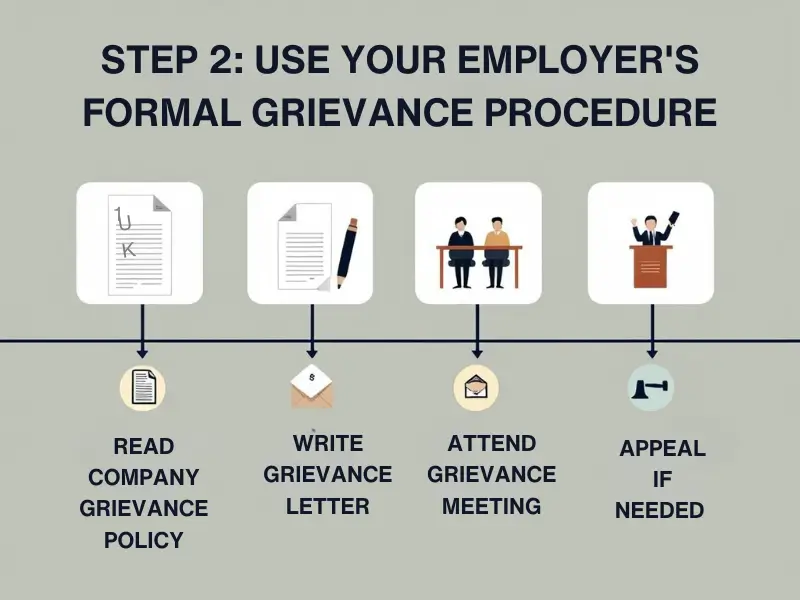 Showing formal grievance procedure steps in the UK workplace.
