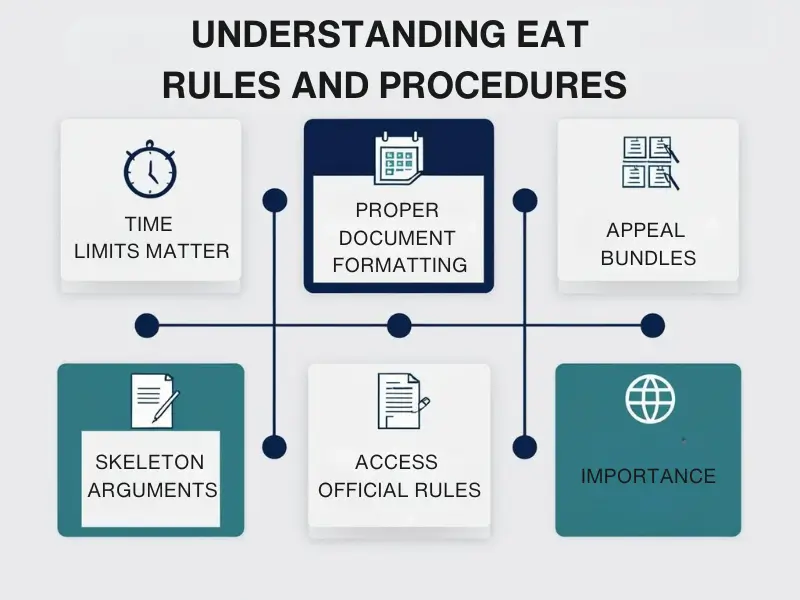 Employment Appeal Tribunal rules and procedures with icons for deadlines, formatting, and legal documents