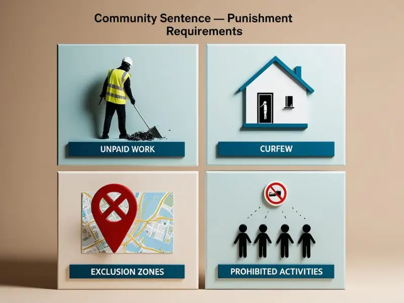 UK community sentence punishment requirements: unpaid work, curfew, exclusion zones, and prohibited activities.