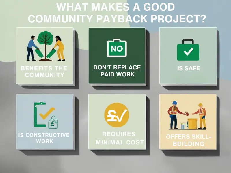 Key criteria for a good community payback project in the UK justice system – safety, benefit, and skill-building.