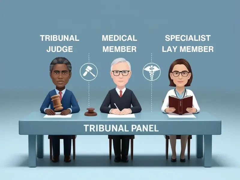 Mental Health Tribunal panel with a judge, medical member, and lay member making an independent decision.