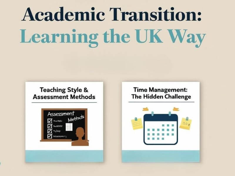 Icons showing UK teaching methods and time management challenges faced by international students.


