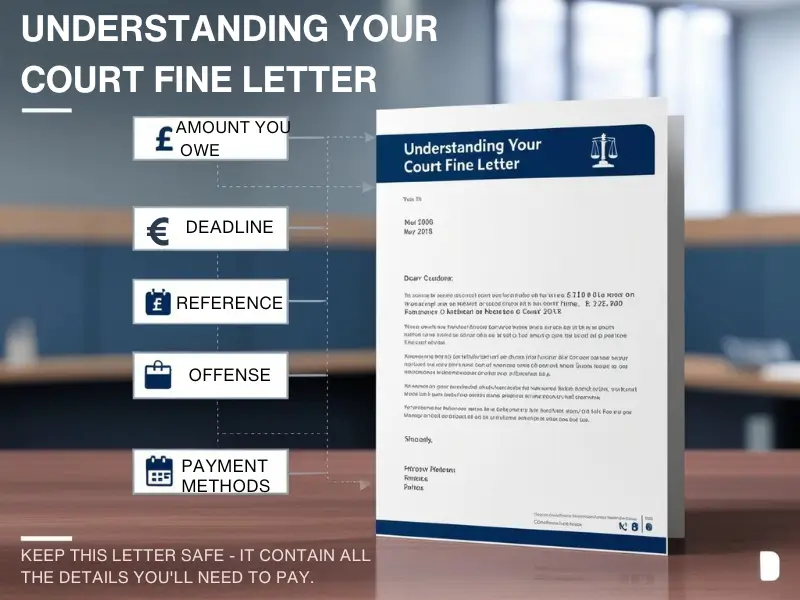 Explaining the key parts of a UK court fine letter, including amount owed, deadline, reference number, offense, and payment options.