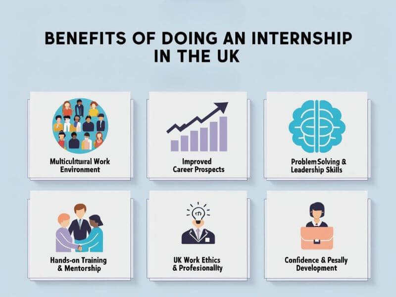 Infographic showing benefits of doing an internship in the UK including multicultural work environment, career prospects, problem-solving skills, mentorship, UK work ethics, and personality development.

