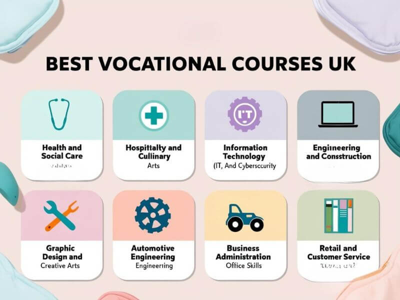 Flat-style icon grid showcasing top 8 vocational courses in the UK with modern pastel design