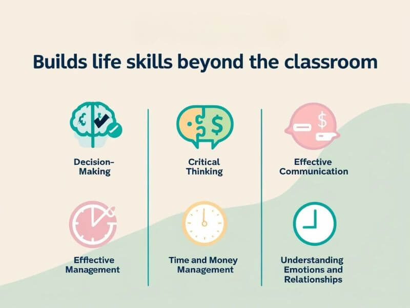 Icons representing decision-making, critical thinking, communication, time and money management, and emotional understanding for life skills education

