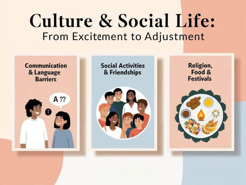 Icons representing communication barriers, social activities, and cultural diversity – part of cultural adjustment journey.

