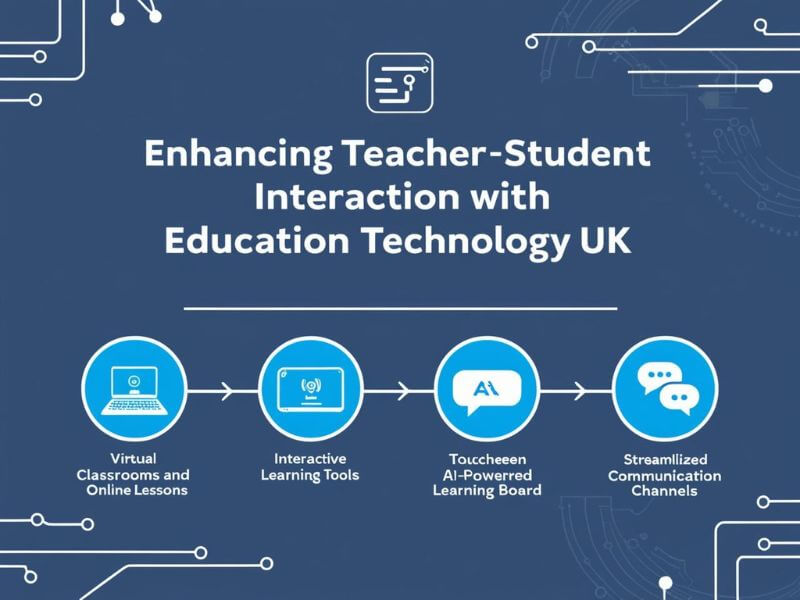 "Infographic showcasing how Education Technology UK enhances teacher-student interaction with icons for virtual classrooms, interactive learning tools, and streamlined communication."

