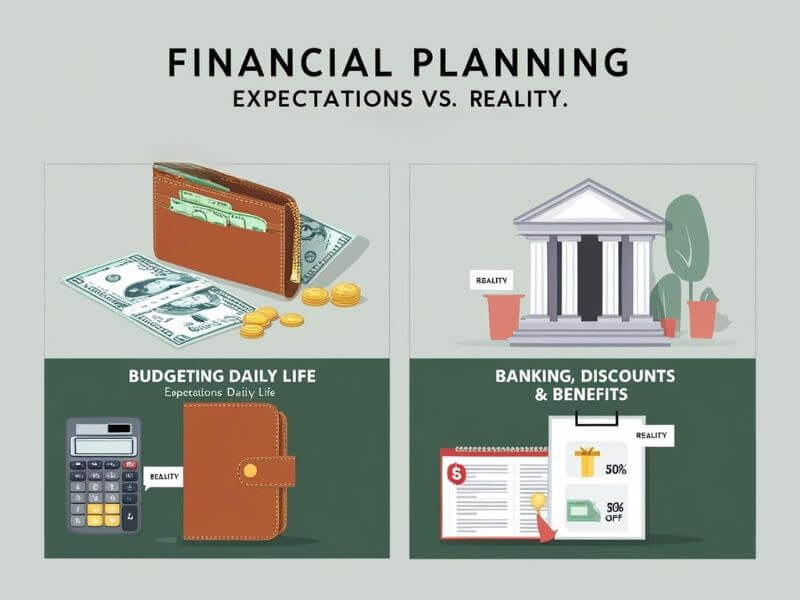 Icons showing daily budgeting and banking benefits vs financial reality for students and individuals.

