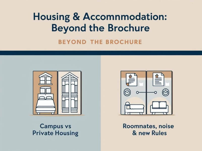 Icons showing campus vs private housing options and roommate challenges in student accommodation.

