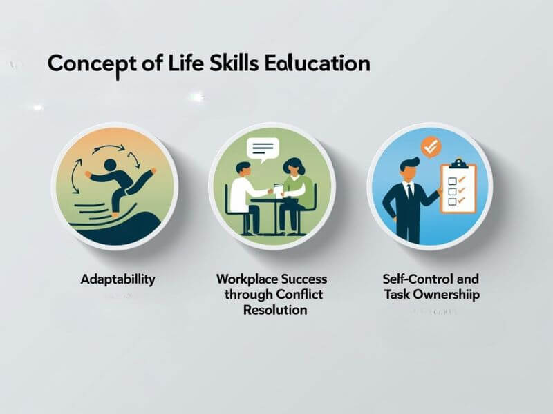 A modern infographic illustrating three key aspects of Life Skills Education: Adaptability, Conflict Resolution, and Self-Control. Each is represented by simple, circular icons with a clean, professional design.