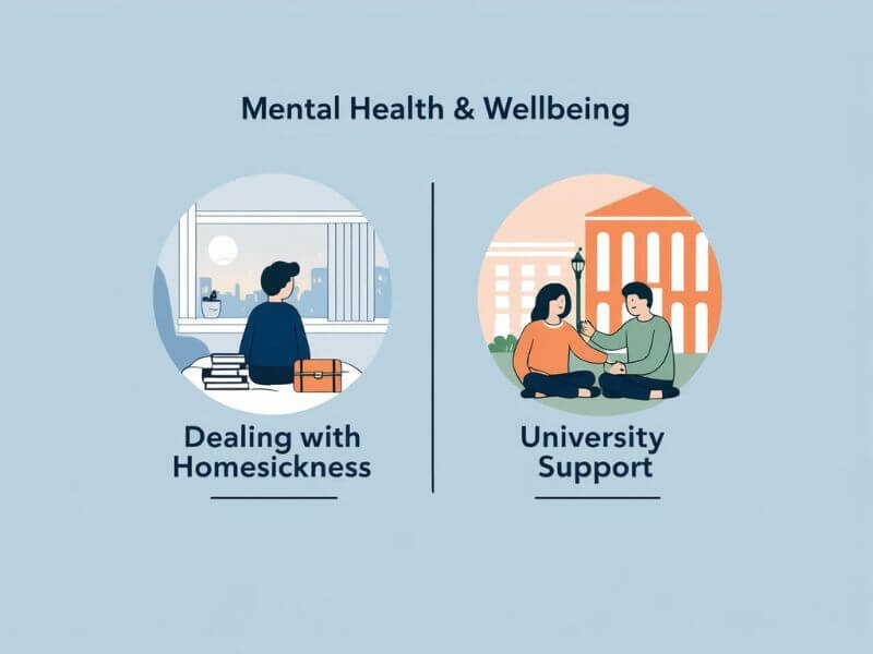 Icons representing student homesickness and university support services for mental wellbeing

