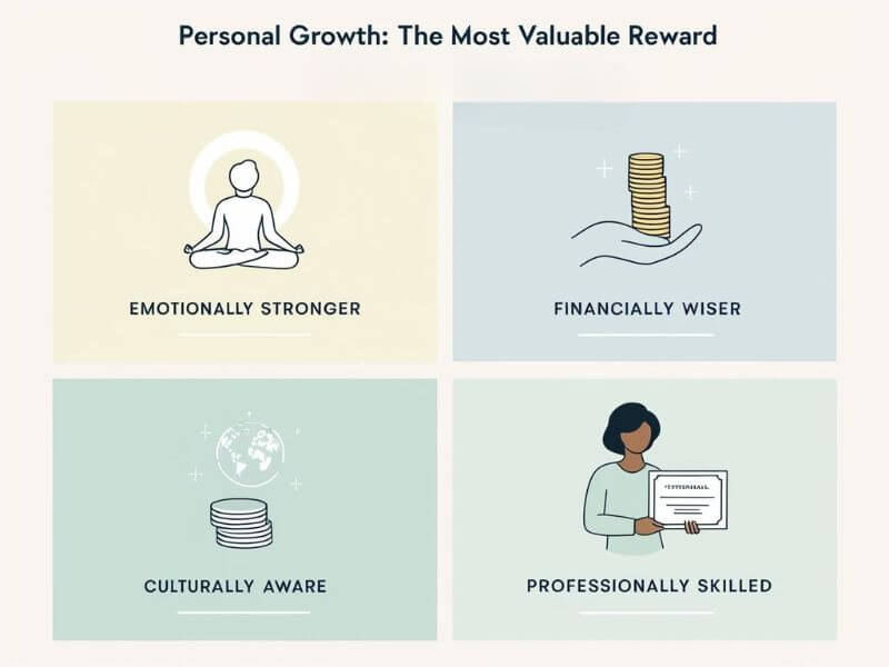 Icons showing benefits of personal growth: emotional strength, financial wisdom, cultural awareness, and professional skills

