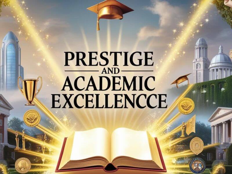 Illustration of academic symbols like books, medals, and university buildings glowing with golden light, representing prestige and academic excellence.


