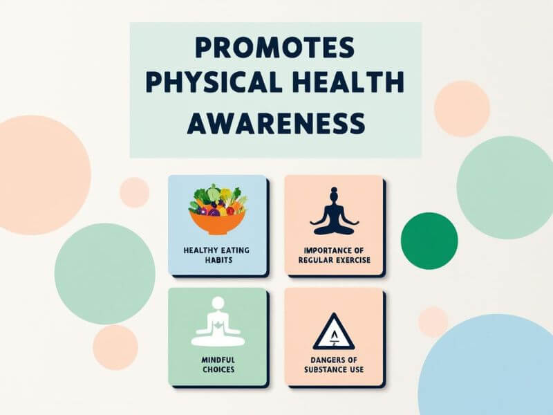 Modern creative icons showing healthy eating, exercise, avoiding harmful substances, and puberty education for physical health awareness

