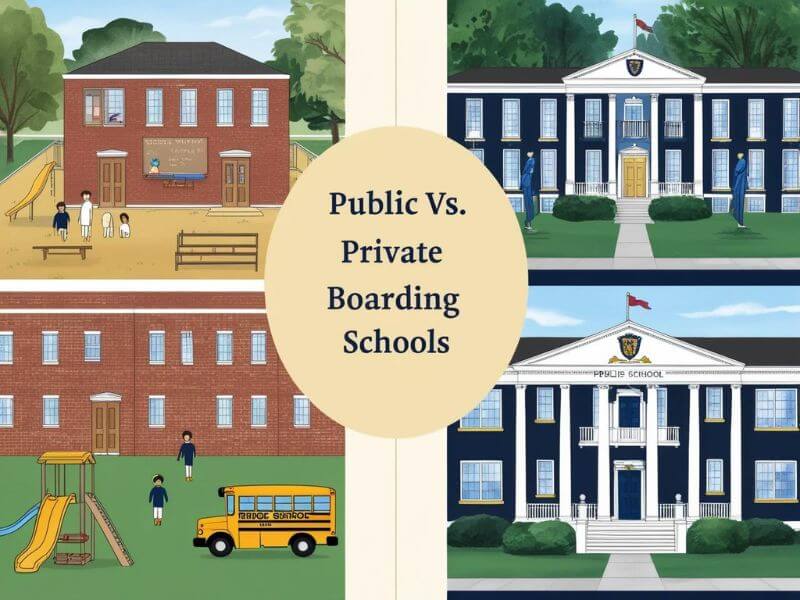 Split scene illustration comparing public and private boarding school campuses, highlighting differences in architecture and facilities.

