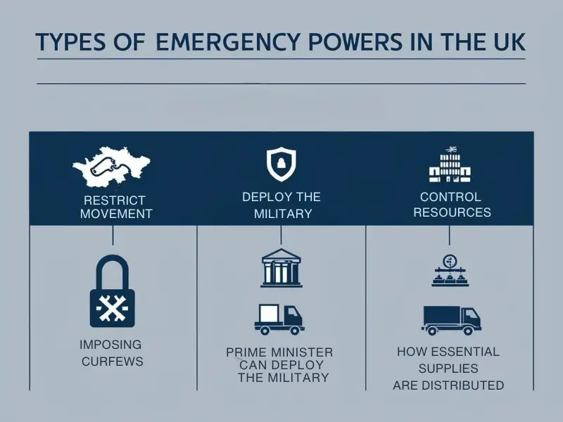 Illustrating types of emergency powers in the UK, including movement restrictions, resource control, and government-mandated actions.