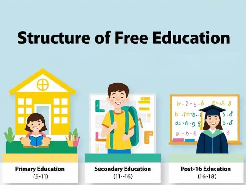 Icons showing Primary, Secondary, and Post-16 Education under the Structure of Free Education