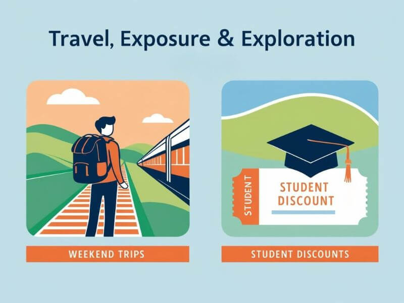 Icons showing student weekend travel and student discount benefits

