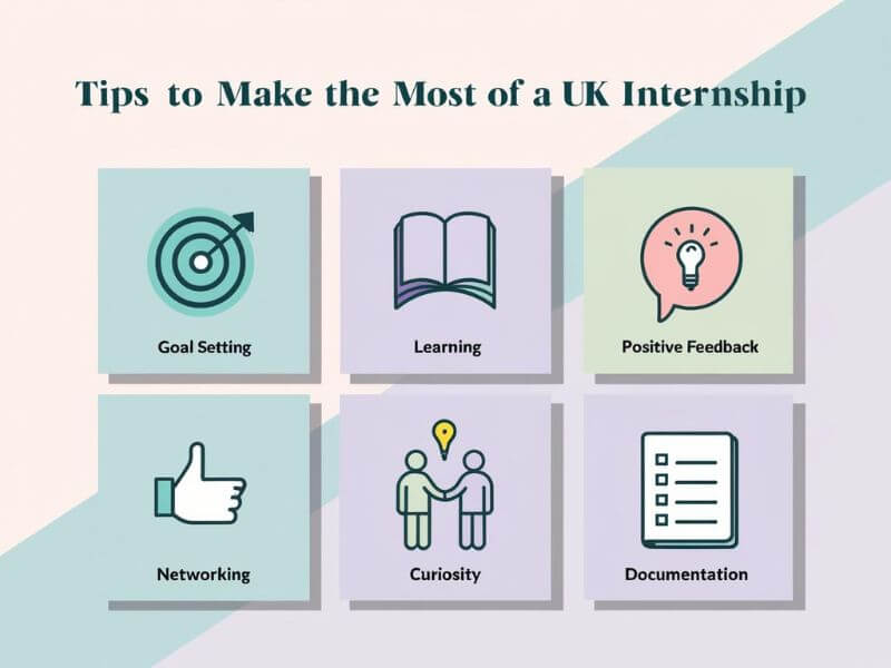 lat icon graphic with six colorful illustrations representing UK internship tips: a target with arrow (goal-setting), open book with lightbulb (learning), thumbs up with comment bubble (feedback), handshake (networking), question mark with spark (curiosity), and checklist with clock (punctuality), arranged on a soft pastel background in a 2x3 grid.