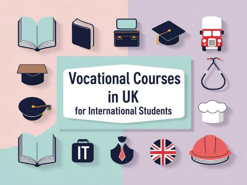 Flat-style pastel illustration showing vocational education icons and UK elements with centered blog title "Vocational Courses in UK for International Students"