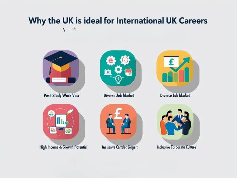 Icons showing reasons why the UK is great for international careers – post-study work visa, diverse job market, high income potential, and inclusive work culture.

