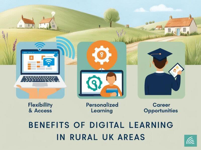 Digital learning benefits in rural UK areas with icons showing flexibility, personalized learning, and career opportunities

