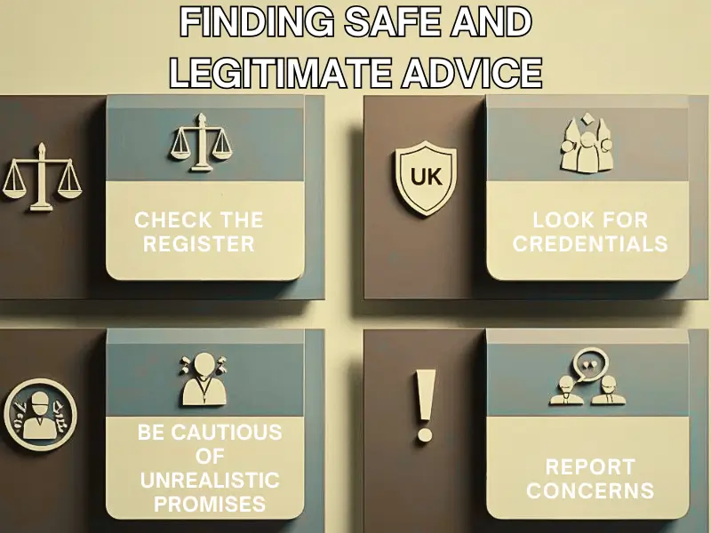 Steps to find safe and legal immigration advice in the UK, including how to verify registration and report fake advisors.  