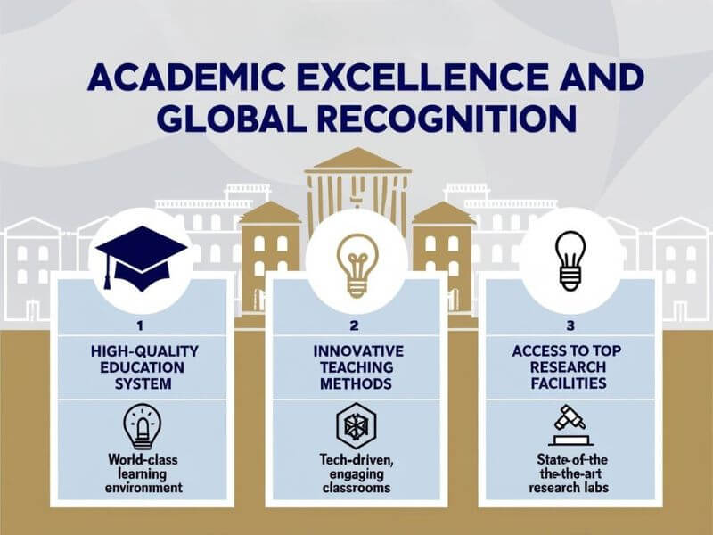 "Infographic showing academic excellence with icons for high-quality education, innovative teaching methods, and advanced research facilities"
