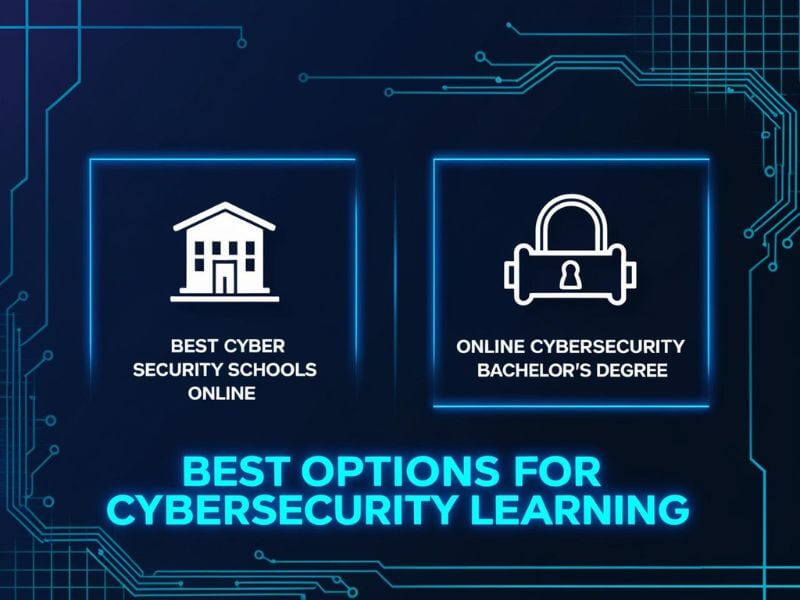 Icons representing online cybersecurity education options with a futuristic tech background.

