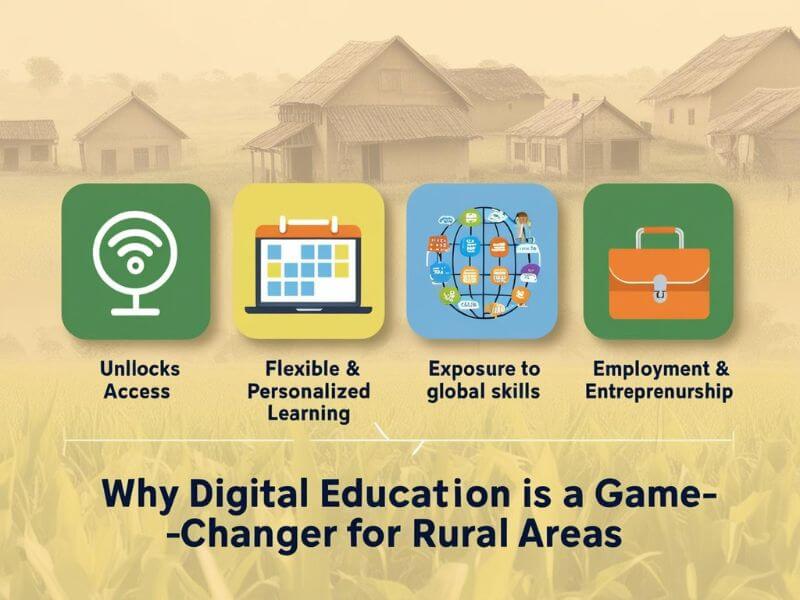 Infographic showing benefits of digital education in rural areas with icons for access, flexibility, global skills, and employment

