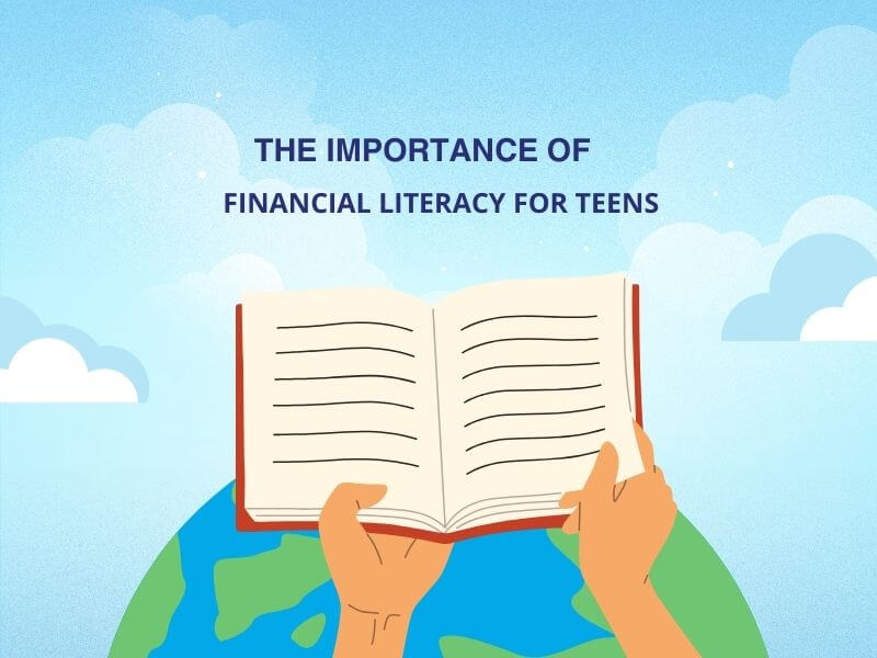 Visual showing financial literacy concepts for teens including budgeting, saving, digital banking, and financial goal setting