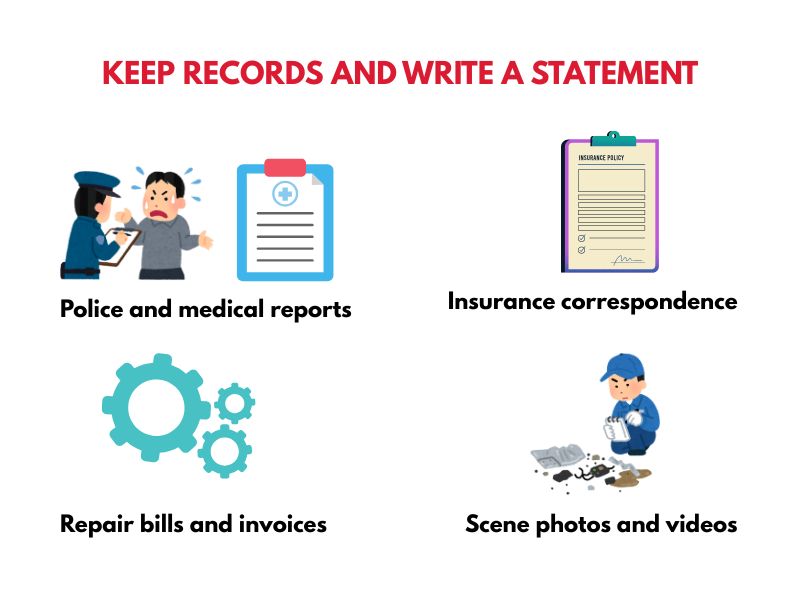Keep records and write a statement after a car crash