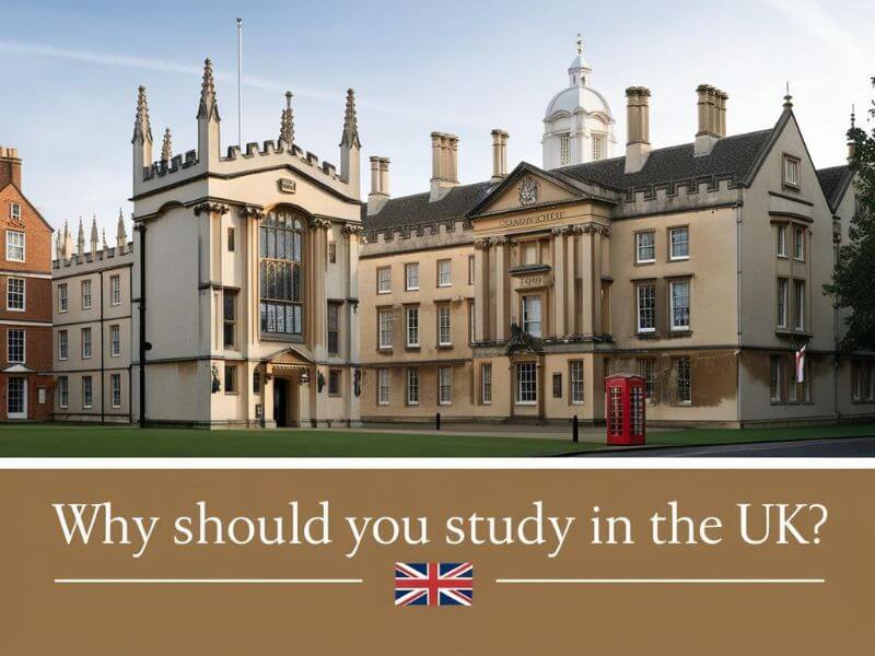 "Exterior view of iconic UK university buildings like Oxford and Cambridge, showcasing traditional architecture with no human faces or cartoon elements – representing higher education in the UK."