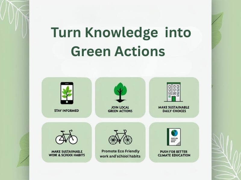 Infographic showing five eco-friendly actions to turn climate knowledge into green impact, including staying informed, joining green initiatives, and making sustainable choices.

